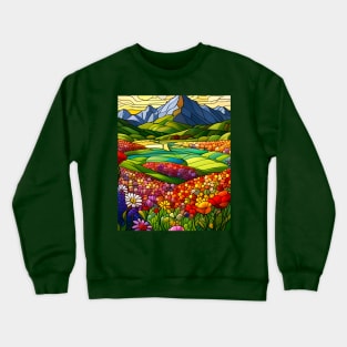 Stained Glass Colorful Mountain Meadow Crewneck Sweatshirt